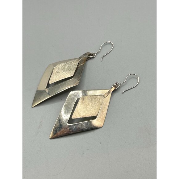 Sterling Silver Diamond Shaped Dangles Earrings Pierced Drops 925 Textured - Picture 3 of 6